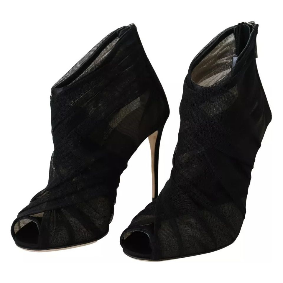 Dolce & Gabbana Black Tulle Ankle Boots Stiletto Heels Shoes LA8974-36