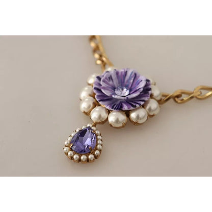 Dolce & Gabbana Gold Tone Floral Crystals Purple Embellished Necklace