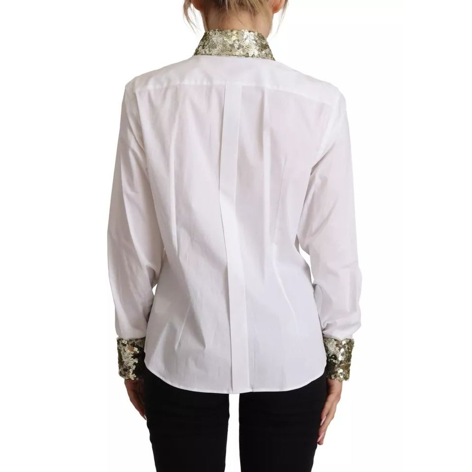 Dolce & Gabbana White Cotton Collared Long Sleeves Sequin Top Shirt