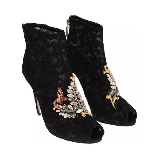 Dolce & Gabbana Black Crystal Lace Booties Stilettos Shoes LA3569-38.5