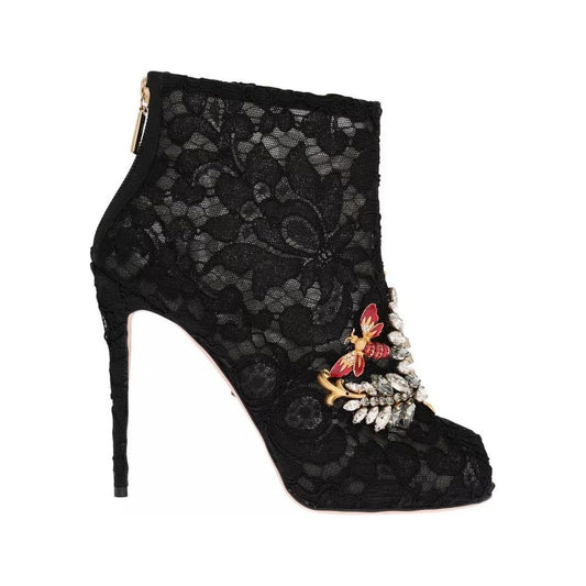 Dolce & Gabbana Black Crystal Lace Booties Stilettos Shoes LA3569-38.5