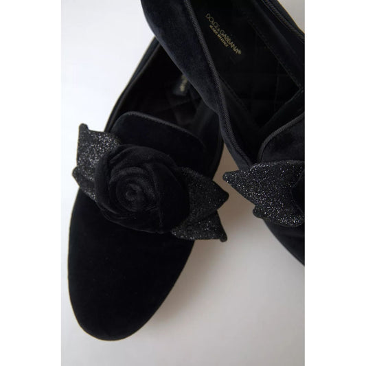Dolce & Gabbana Black Velvet Flats Bow Young Queen Shoes LA10387-39.5