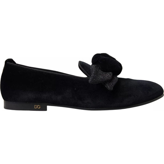 Dolce & Gabbana Black Velvet Flats Bow Young Queen Shoes LA10387-39.5