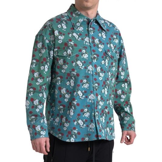 Dolce & Gabbana Blue Floral Cotton Button Down Denim Shirt TSH84198-39