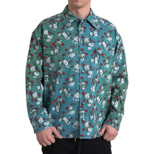 Dolce & Gabbana Blue Floral Cotton Button Down Denim Shirt TSH84198-39