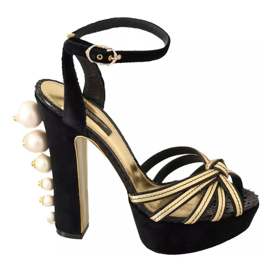 Dolce & Gabbana Black Gold Bianca Faux Pearl Sandals LA9840-38