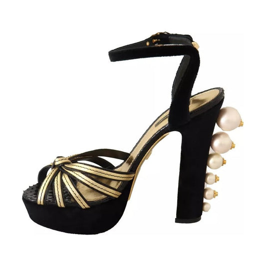 Dolce & Gabbana Black Gold Bianca Faux Pearl Sandals LA9840-38