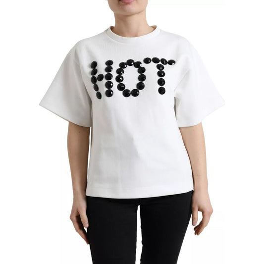 Dolce & Gabbana White Cotton Stretch Black HOT Crystal T-shirt TSH99919-M