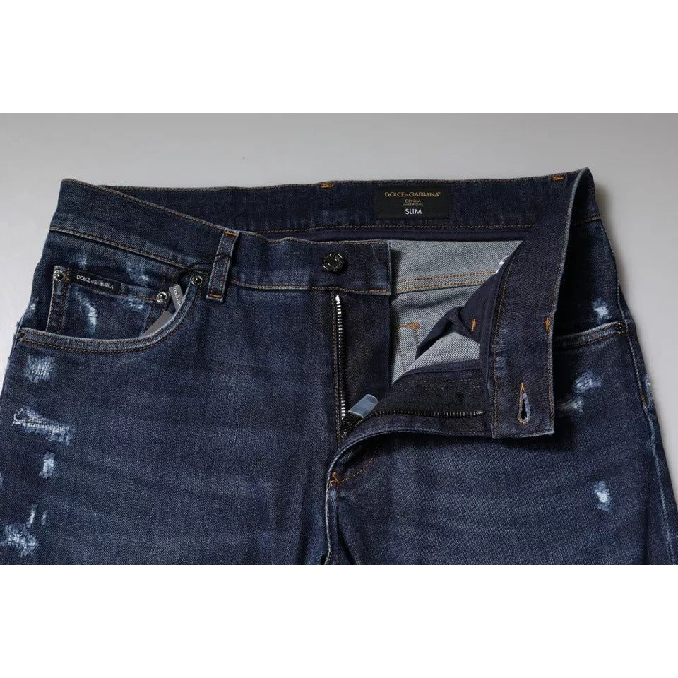 Dolce & Gabbana Blue Cotton Logo Print Slim Fit Denim Jeans PAN75922-48