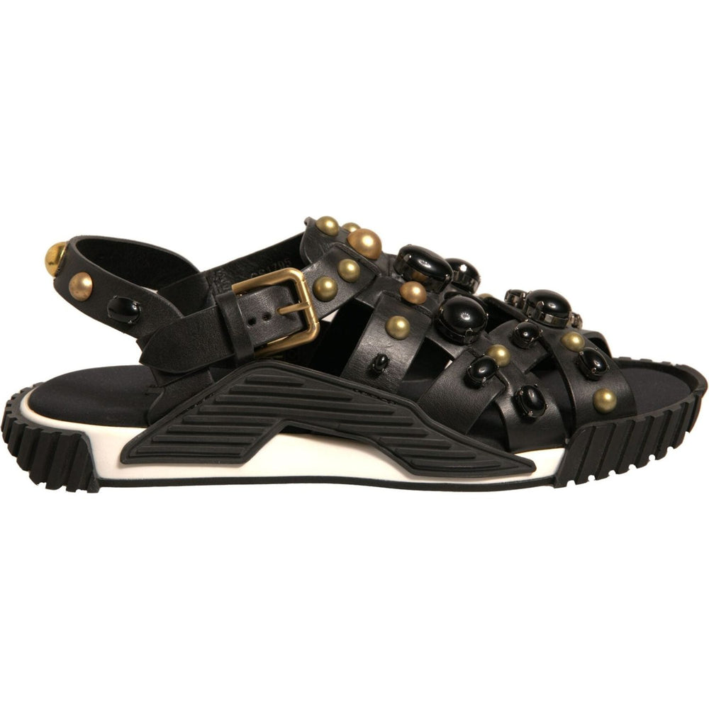 Dolce & Gabbana Black Leather Studded Slides Sandals Shoes MV7033-41