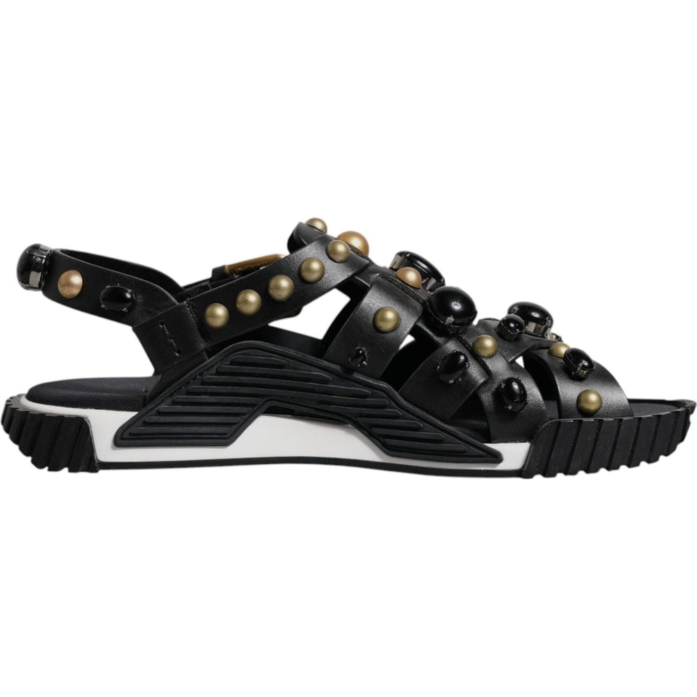 Dolce & Gabbana Black Leather Studded Slides Sandals Shoes MV6803#2-39