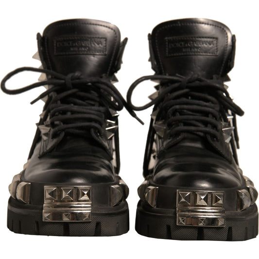 Dolce & Gabbana Black Leather Studded Trekking Boots Shoes LA12337-41