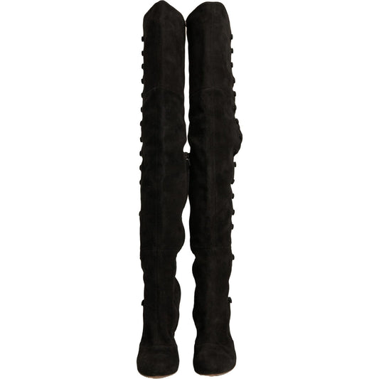 Dolce & Gabbana Black Suede Heels Knee High Boots Shoes LA12376-39