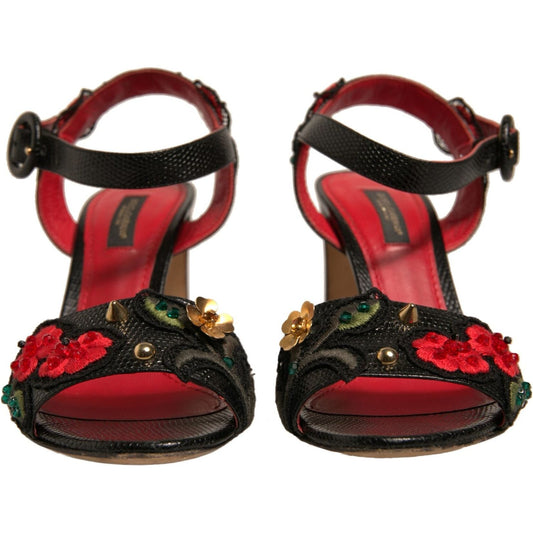 Dolce & Gabbana Black Embossed Carnation Heeled Sandals Shoes LA12373-36