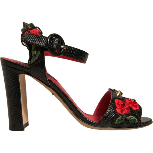 Dolce & Gabbana Black Embossed Carnation Heeled Sandals Shoes LA12373-36
