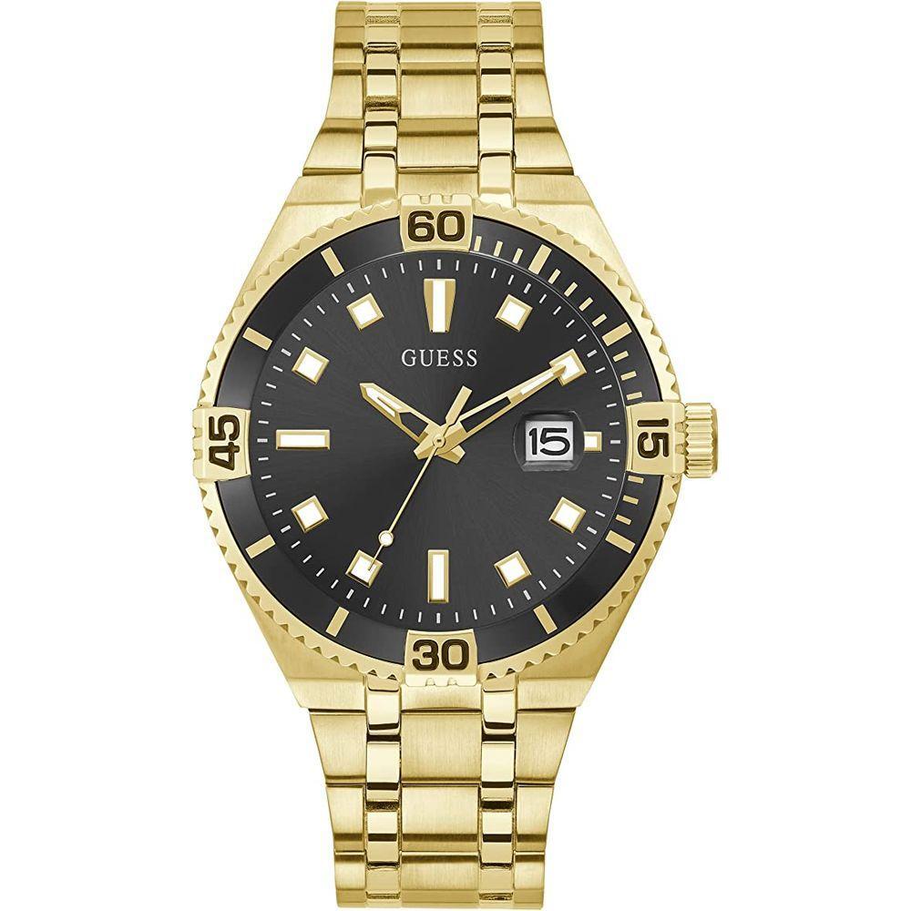 Guess Gold Stainless Steel Quartz Watch with Black Dial, Analog Display, Mineral Glass, 45mm, 3 ATM Water Resistance