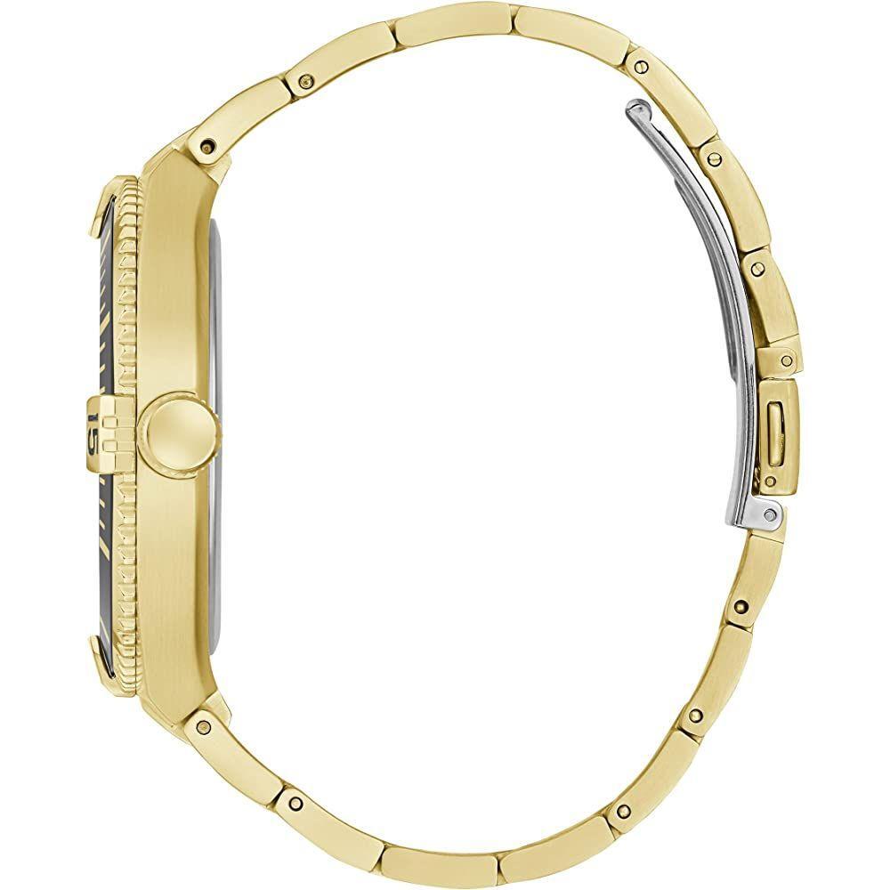 Side view of Guess Gold Stainless Steel Watch with quartz mechanism, analog display, black dial, mineral glass, 3 ATM water resistance.