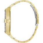 Side view of Guess Gold Stainless Steel Watch with quartz mechanism, analog display, black dial, mineral glass, 3 ATM water resistance.