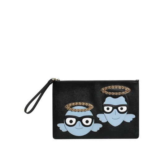 Dolce & Gabbana Black Leather #DGFAMILY Embellished Men Zip Pouch Bag