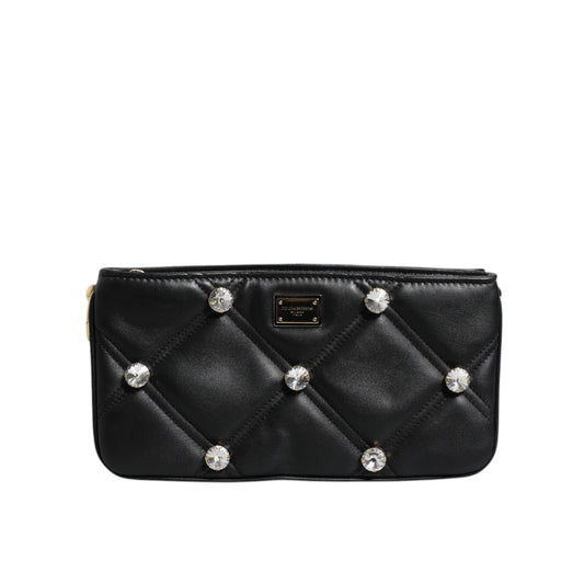 Dolce & Gabbana Black Leather Crystal Embellished Logo Shoulder Bag BAG4015