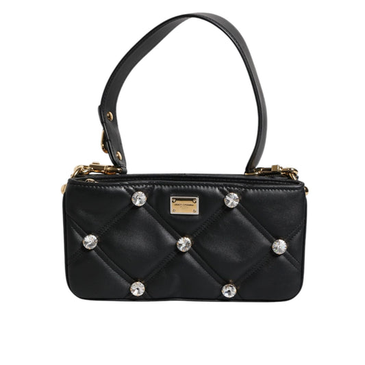 Dolce & Gabbana Black Leather Crystal Embellished Logo Shoulder Bag BAG4015
