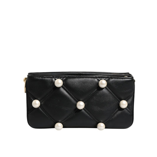 Dolce & Gabbana Black Leather Pearl Embellished Logo Shoulder Bag BAG4017