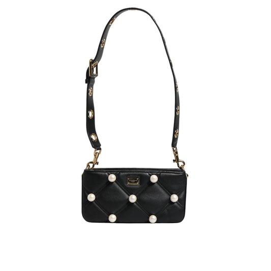 Dolce & Gabbana Black Leather Pearl Embellished Logo Shoulder Bag BAG4017