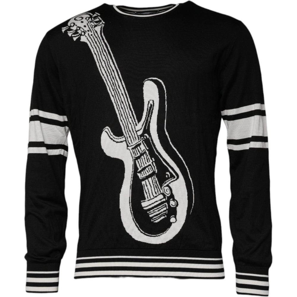 Dolce & Gabbana Black White Guitar Silk Crew Neck Sweater TSH87724-48