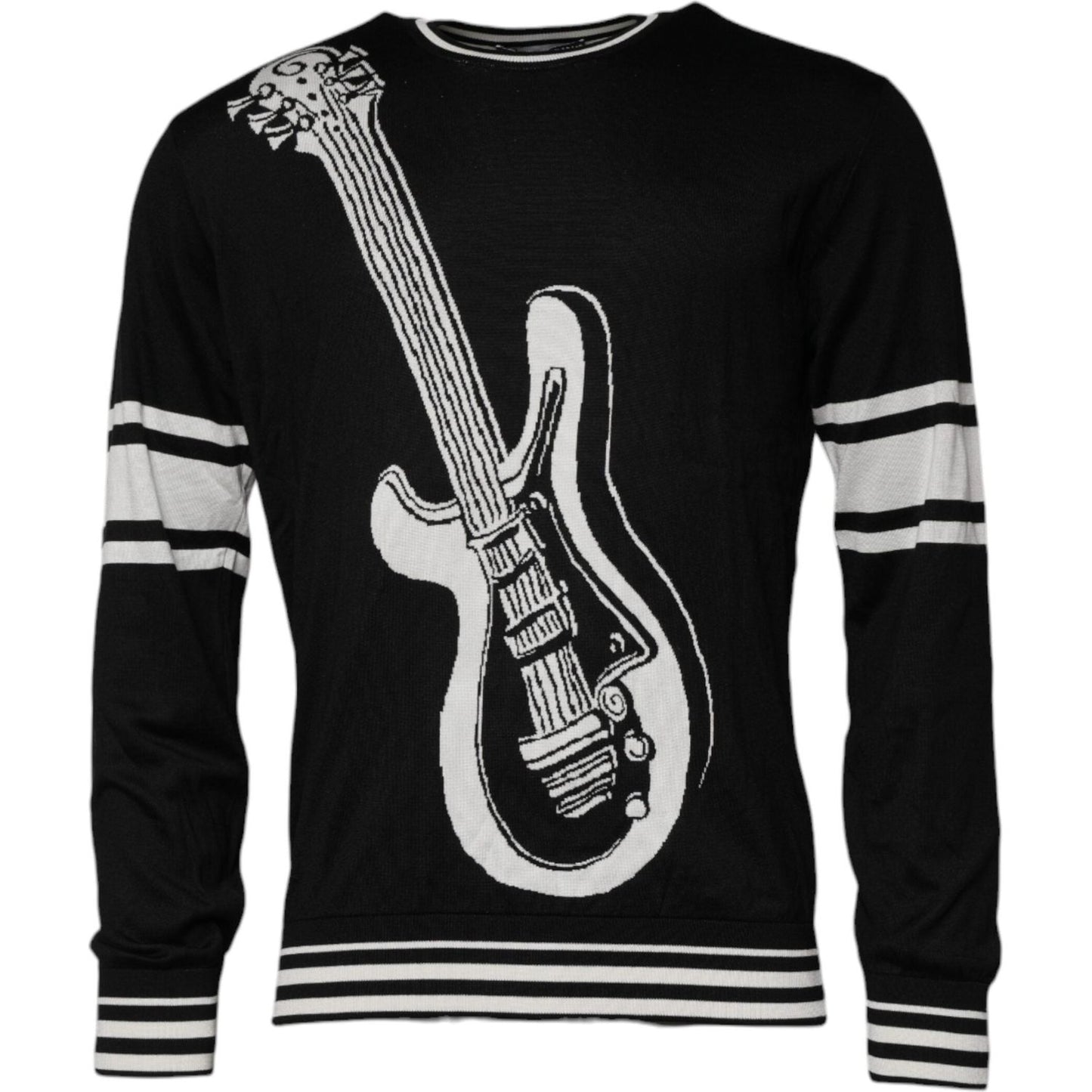 Dolce & Gabbana Black White Guitar Silk Crew Neck Sweater TSH87724-48