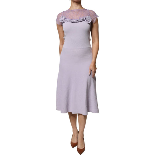 Blumarine Purple Short Sleeves Floral Lace Trim A-line Midi Dress DR281361-40
