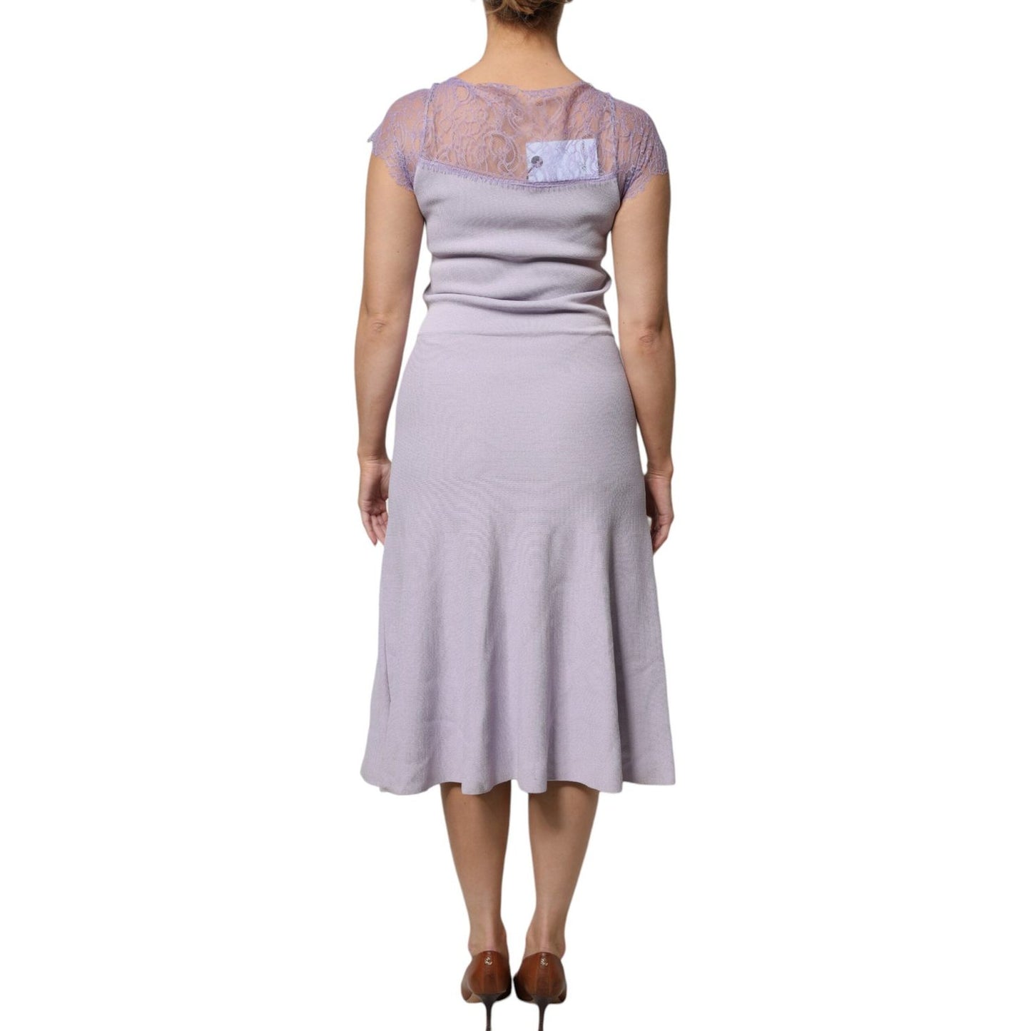 Blumarine Purple Short Sleeves Floral Lace Trim A-line Midi Dress DR281361-40