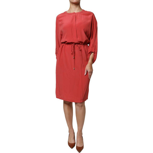 Peserico Red Long Sleeves Pencil Cut Drawstring Waist Dress 1728,67345645728,Clothing,Dresses - Women - Clothing,IT42|M,Material: 100% Silk,Peserico,Preowned / Defect,Red,Women,Women - Clothing DR281364-42