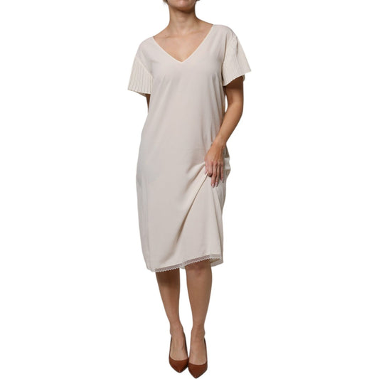 Peserico Off White Short Sleeves V-neck Shift Midi Dress 1728,67345645728,Clothing,Dresses - Women - Clothing,IT40|S,New with tags,Off White,Peserico,Women,Women - Clothing DR281368-40