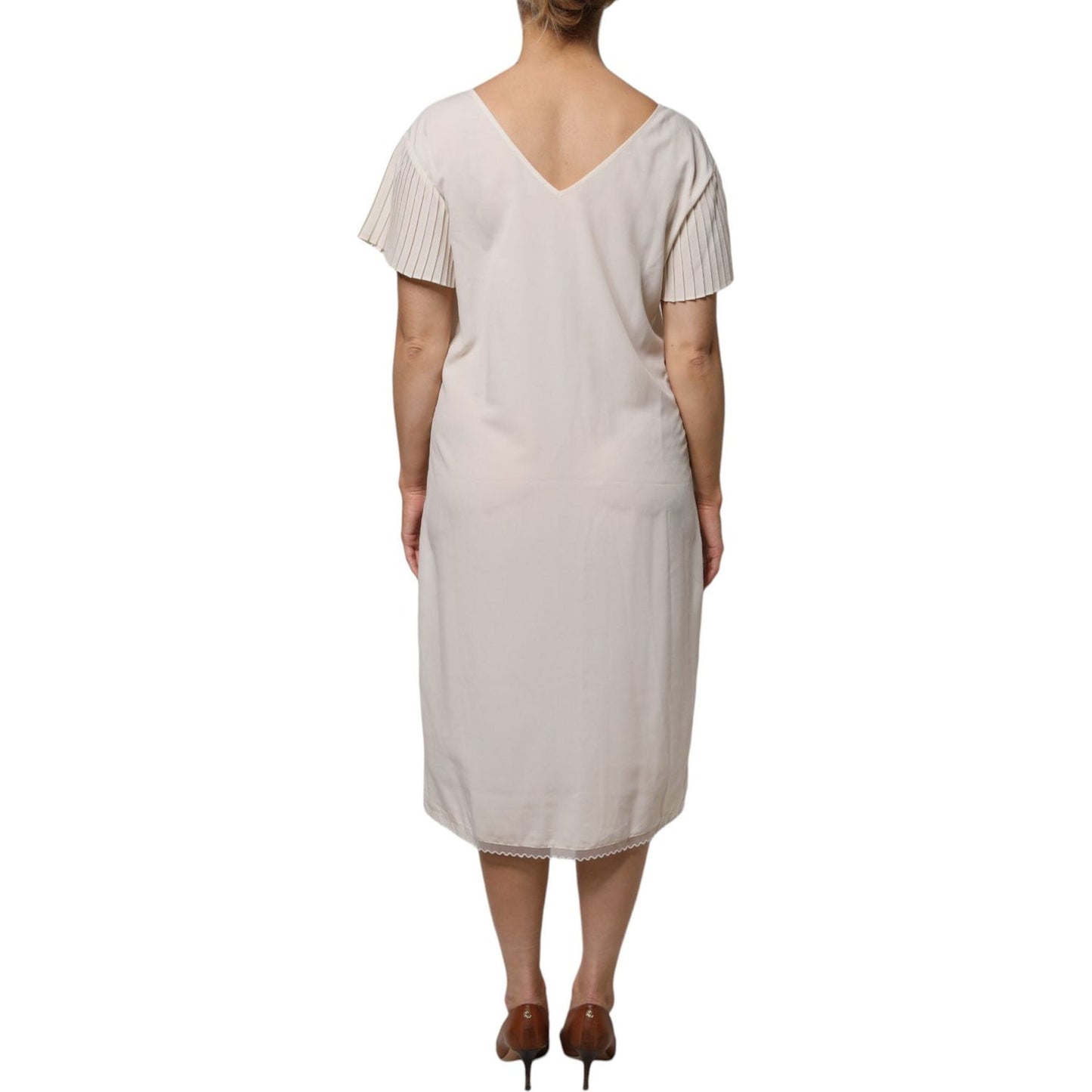 Peserico Off White Short Sleeves V-neck Shift Midi Dress 1728,67345645728,Clothing,Dresses - Women - Clothing,IT40|S,New with tags,Off White,Peserico,Women,Women - Clothing DR281368-40