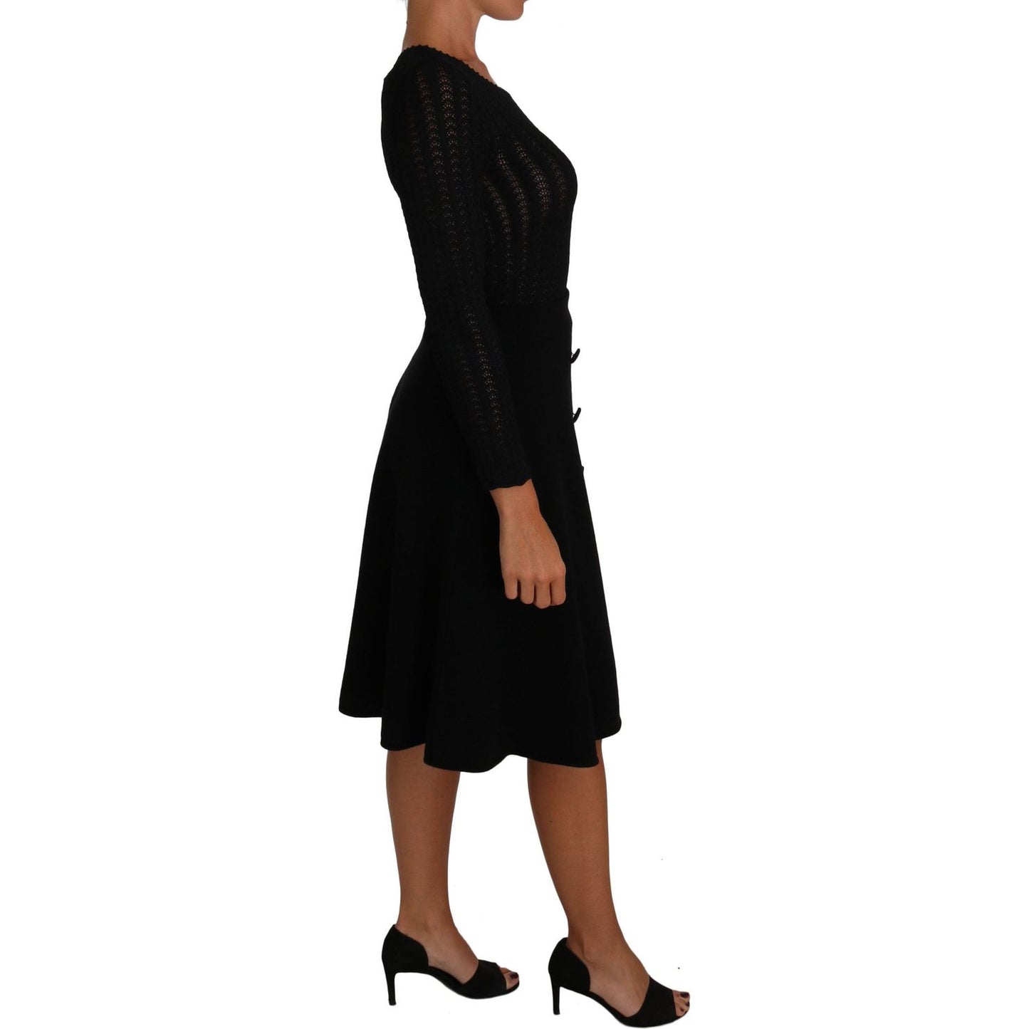 Dolce & Gabbana Black Knitted Wool Sheath Long Sleeves Dress DR1503-40