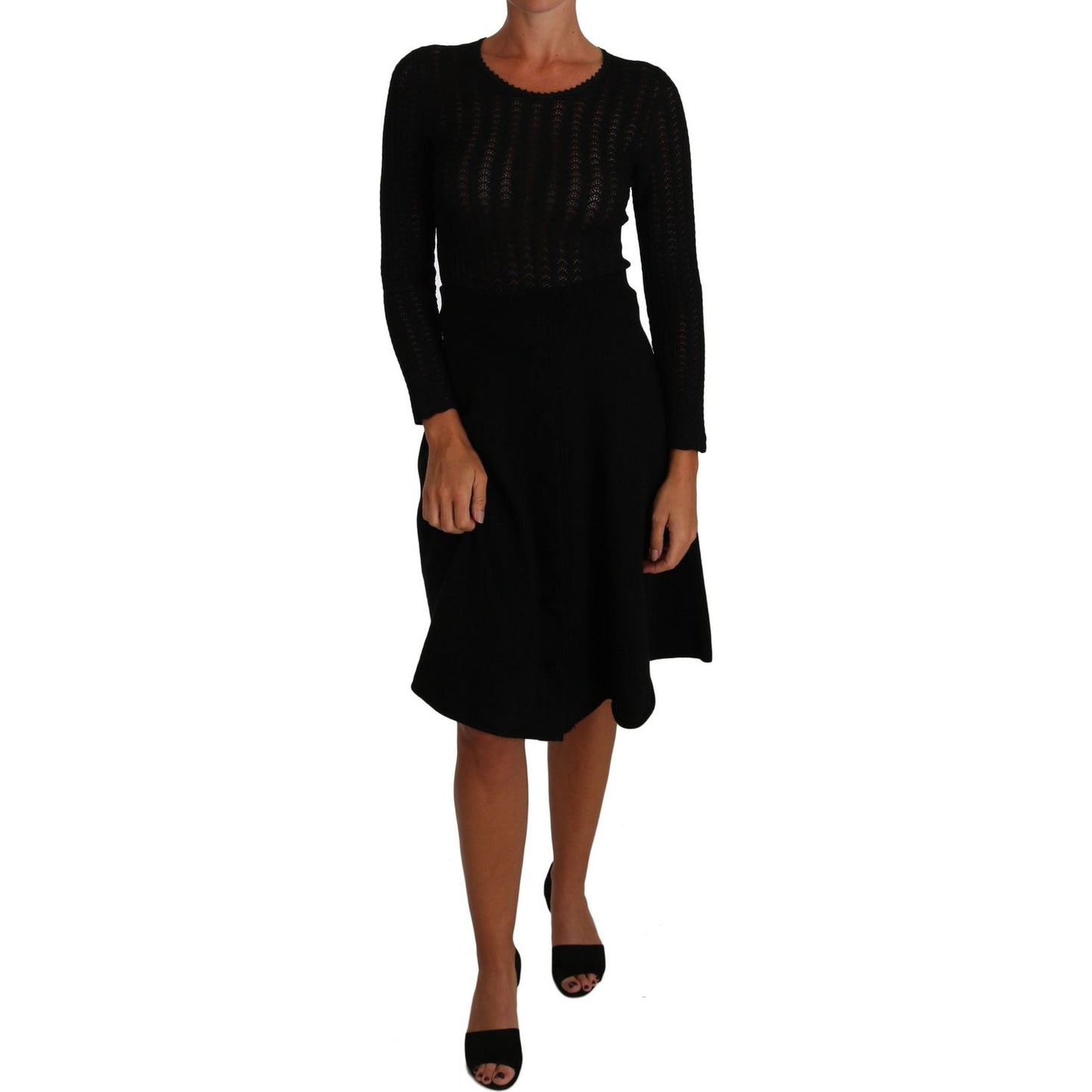 Dolce & Gabbana Black Knitted Wool Sheath Long Sleeves Dress DR1503-40