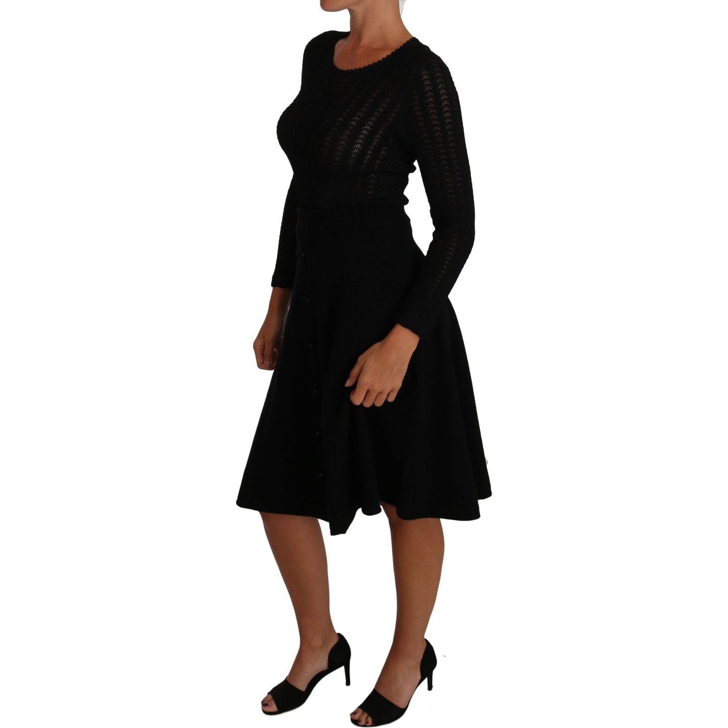 Dolce & Gabbana Black Knitted Wool Sheath Long Sleeves Dress DR1503-40