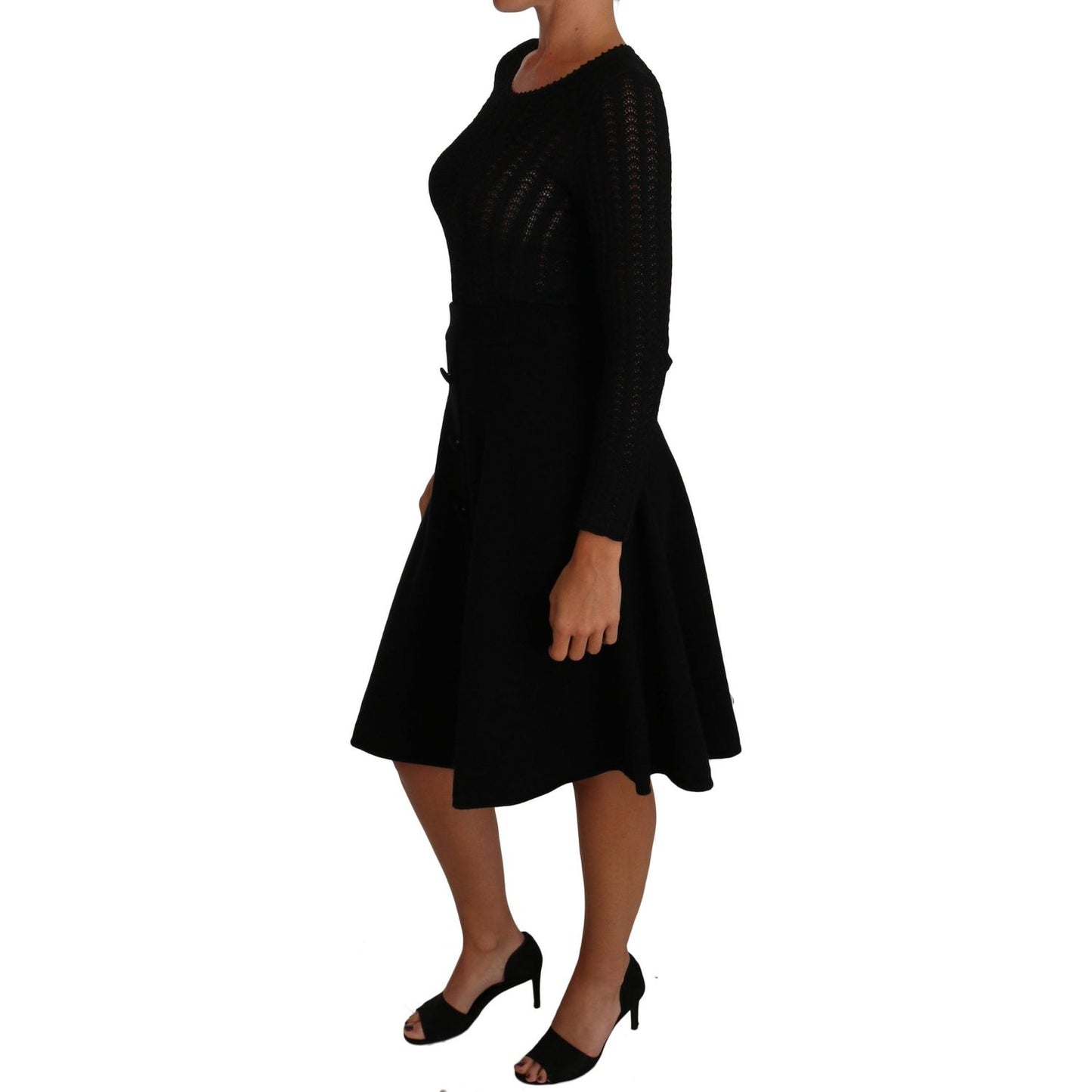 Dolce & Gabbana Black Knitted Wool Sheath Long Sleeves Dress DR1503-40