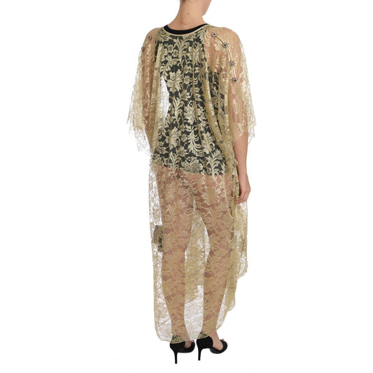 Dolce & Gabbana Gold Floral Lace Crystal Gown Cape Dress DR1524-36