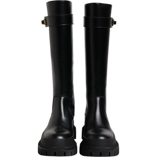 Dolce & Gabbana Black DG Logo Calf Leather High Boots Shoes LA12451-37