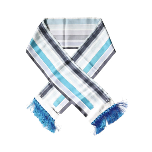Dolce & Gabbana White Blue Stripes Silk Fringes Wrap Scarf MS7424