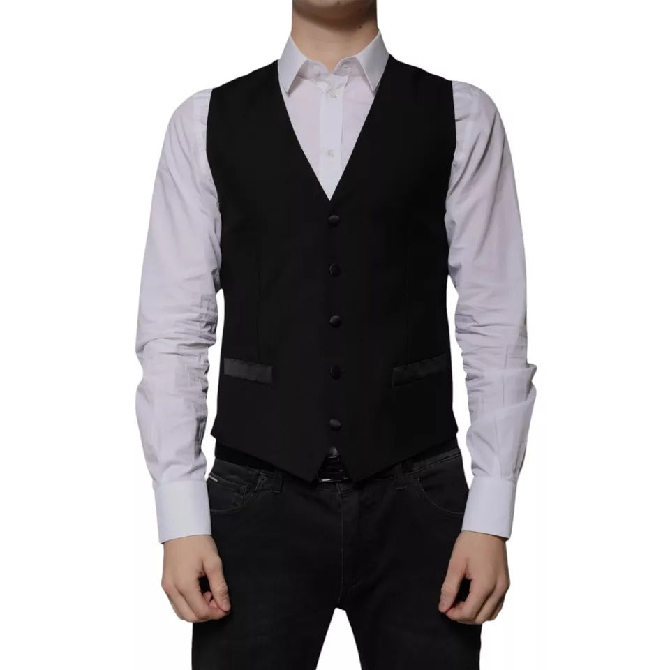 Dolce & Gabbana Black Wool Formal Dress Men Waistcoat Vest JKT87116-48
