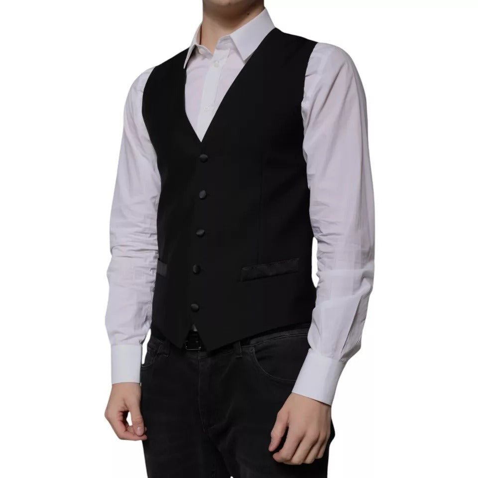 Dolce & Gabbana Black Wool Formal Dress Men Waistcoat Vest JKT87116-48