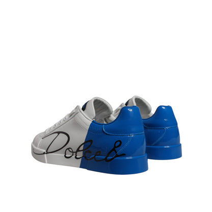 Dolce & Gabbana White Blue Leather Logo Low Top Sneakers Shoes