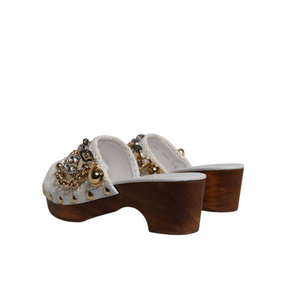 Dolce & Gabbana White Raffia Clogs Bejeweled Chain Sandals Shoes