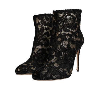 Dolce & Gabbana Black Floral Lace Heels Ankle Boots Shoes