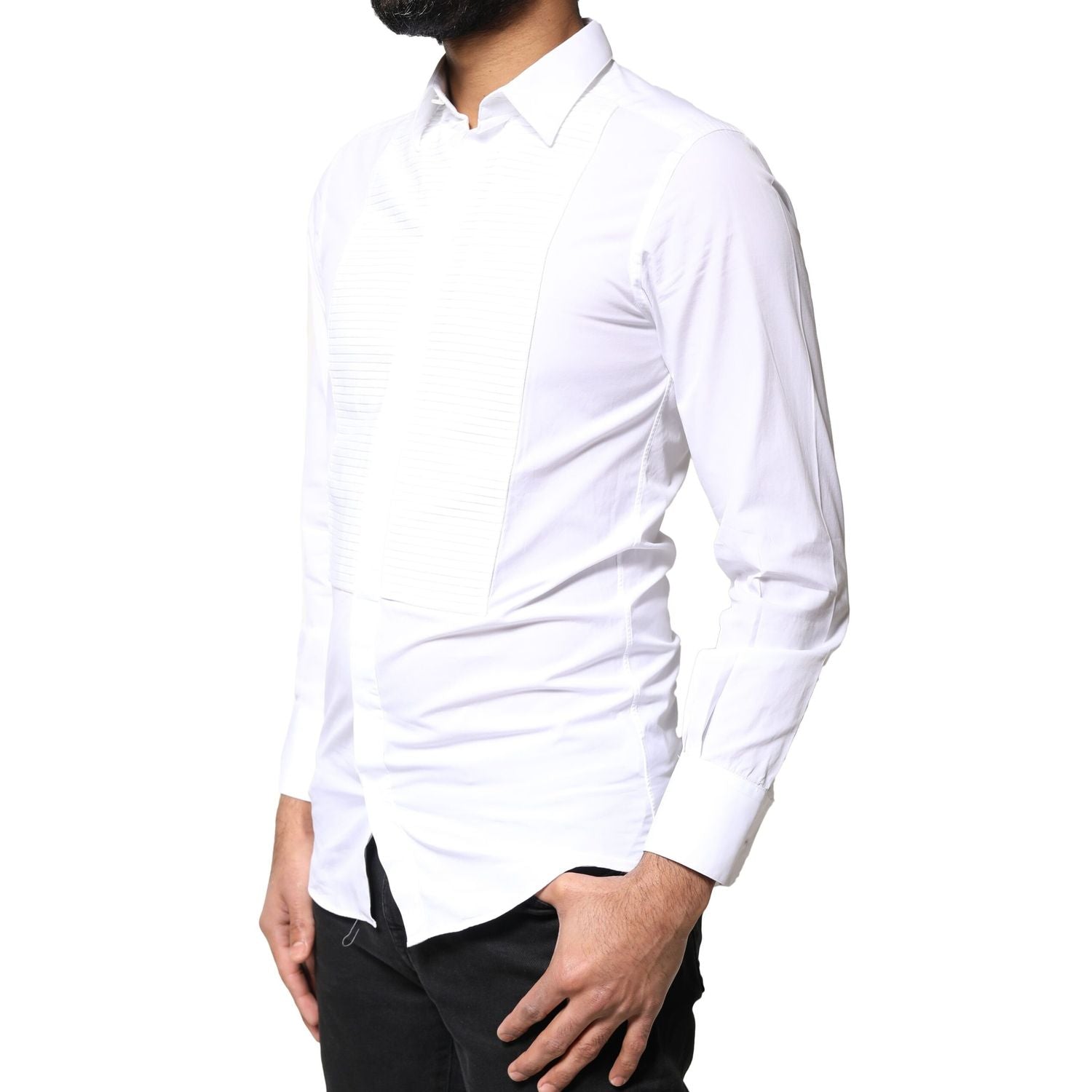 Dolce & Gabbana White GOLD Cotton Poplin Bib Men Dress Shirt