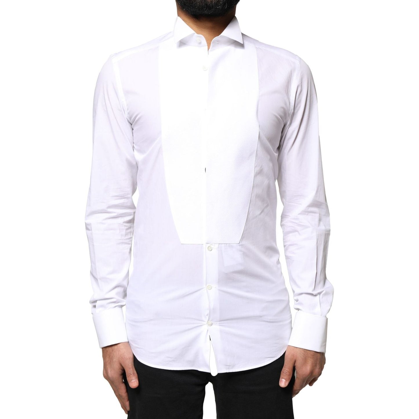 Dolce & Gabbana White GOLD Cotton Poplin Bib Formal Men Dress Shirt TSH90181-37