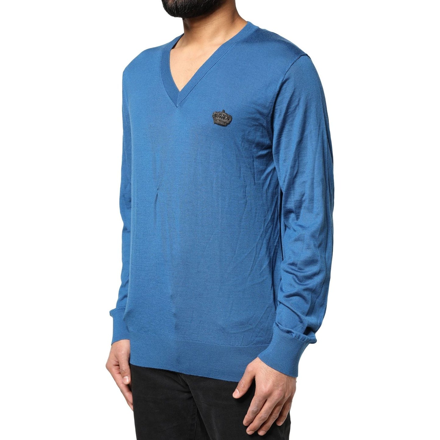 Dolce & Gabbana Blue Cashmere Crown V-neck Pullover Sweater TSH85153-50