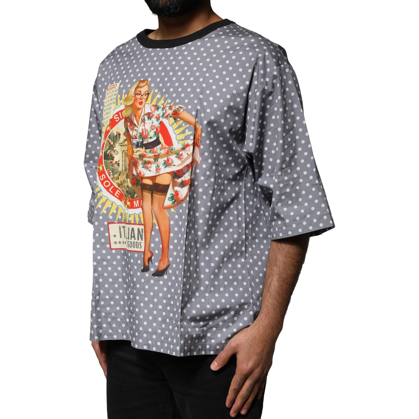 Dolce & Gabbana Gray Polka Dot Pin-Up Print Crew Neck T-shirt TSH87745-48